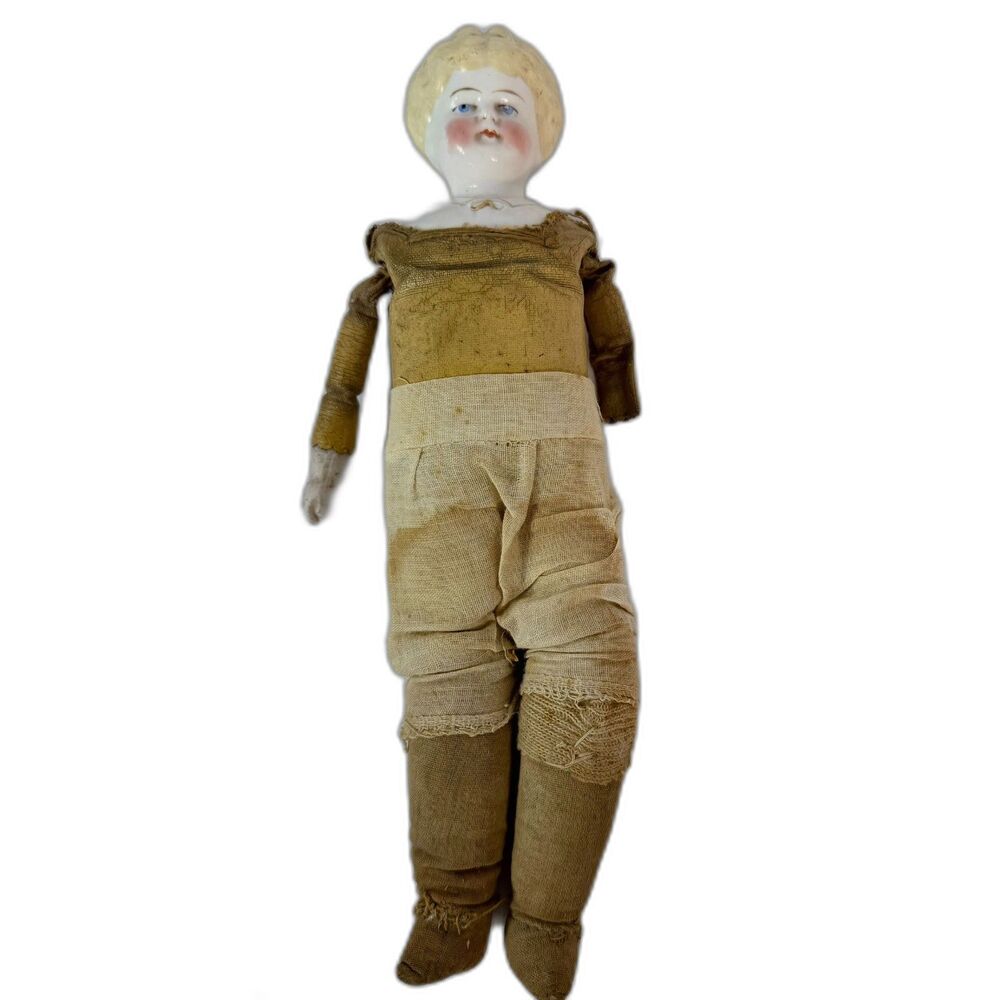 Antique Hertwig Agnes Porcelain Head Doll Agnes Leather Body Germany Blond READ